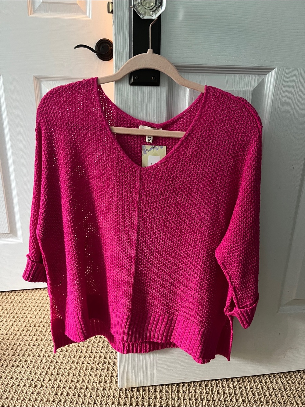 eesome Hot Pink V-Neck Textured Knit Sweater 65% Acrylic, 35% Nylon